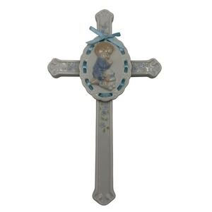 Vintage Porcelain Praying Boy and Puppy Wall Cross Blue Ribbon Nursery Decor